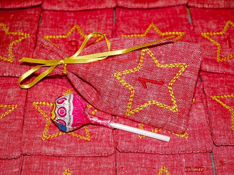 Preview: Adventskalender aus Stoff zum Befüllen bestickt mit Stern und Zahl Leinenoptik edel